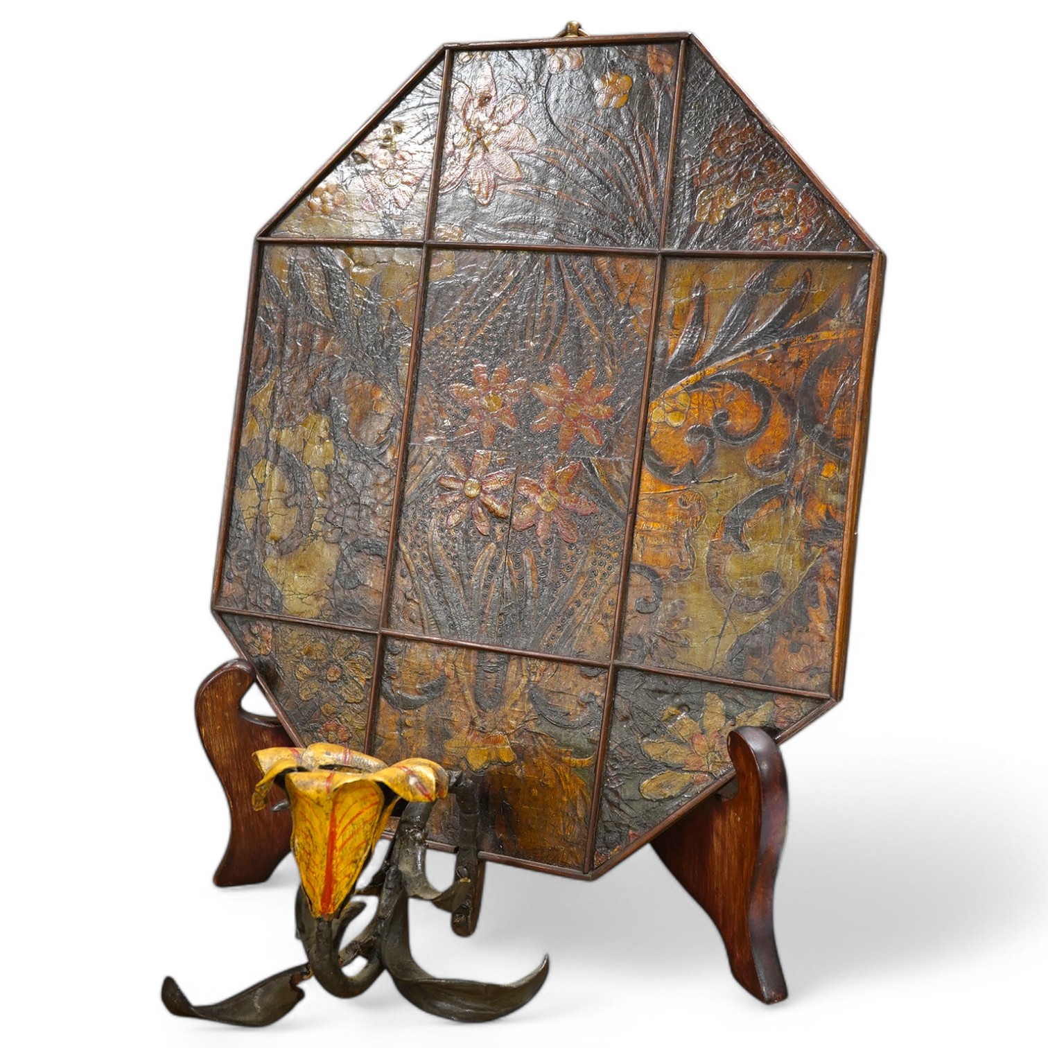 An octagonal 18th century and later, leather wall sconce, 48cm high. Condition - one piece detached